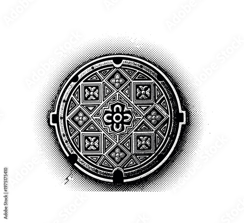 A manhole cover with engraved pattern and strong halftone shadow around it, black and white illustration, vintage engraving aesthetic, strong contrast,