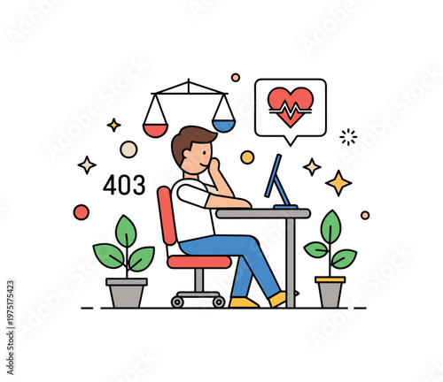 Employee well being concept with a relaxed figure at a desk, small plant, and heart icon expressing balance, comfort, and mental wellness in the workplace.