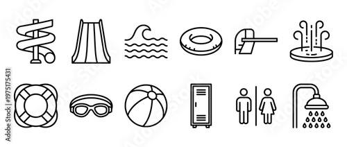 Water park and swimming pool activity icons set featuring slides, waves, diving board, lifebuoy, and shower symbols.