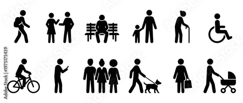 People icons set representing various activities and demographics in a simple, universal design for public information and infographics.