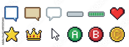 Pixel art game icons set featuring speech bubbles, health bars, heart, star, crown, cursor, and button elements for retro gaming design.
