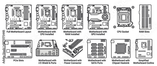 Motherboard computer components hardware electronics line art illustrations depicting various parts, layouts, and connections for personal computer assembly and repair.
