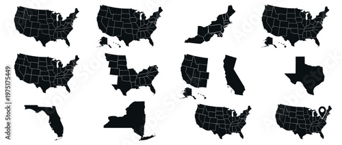 Detailed black silhouette maps of the United States, showcasing individual states, regions, and a location pin for geographical representation.