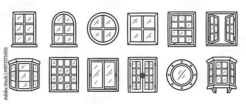 Various window types doodle collection featuring different architectural styles like arched, circular, bay, and casement frames in a hand-drawn outline.