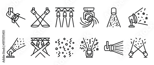 Stage lights and spotlights vector icon set illustrating various types of theatrical and event illumination equipment.
