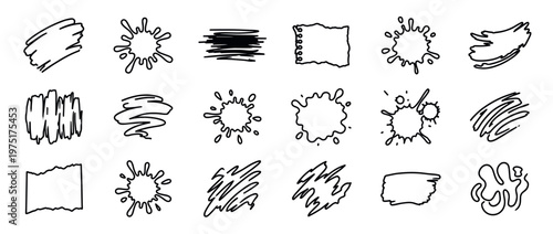 Hand-drawn doodle elements, scribbles, ink splatters, and torn paper shapes vector collection for creative design projects.