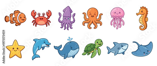 Cute cartoon sea animals collection featuring various marine creatures like fish, crab, octopus, jellyfish, and dolphin in a cheerful illustration.