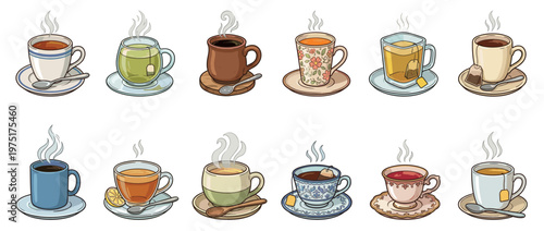Collection of various hot beverages in different cups and mugs with steam, including coffee and tea, served on saucers with spoons.