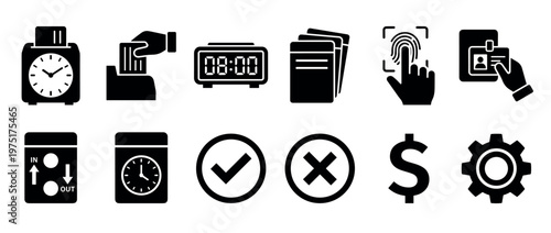 Time clock attendance security business icons set representing various aspects of employee management, access control, and operational processes.