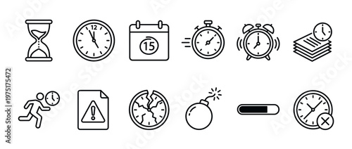 Time management icons, deadline symbols, and urgency concepts are depicted in a comprehensive collection of linear vector illustrations.