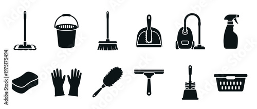 Cleaning tools and supplies icon set featuring various household equipment for hygiene and maintenance tasks.