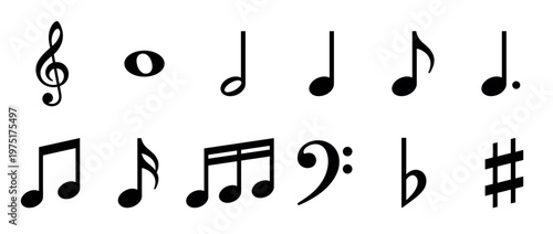 Musical notes symbols clefs flat sharp and other common music notation elements for composing and reading sheet music.