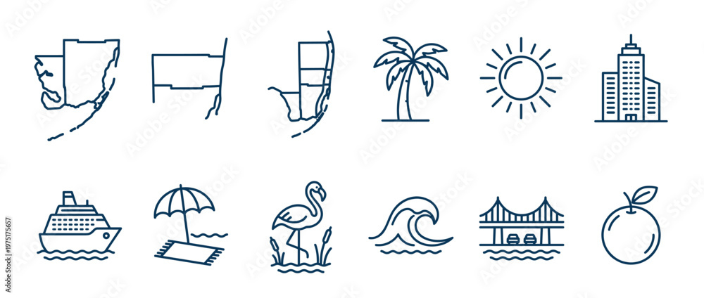 Fototapeta premium Florida travel icons set featuring tropical vacation symbols like palm trees, cruise ships, beaches, and city landmarks in a modern line art style.