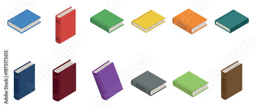 Colorful isometric books arranged in a collection, representing education, knowledge, and storytelling in a modern graphic style.