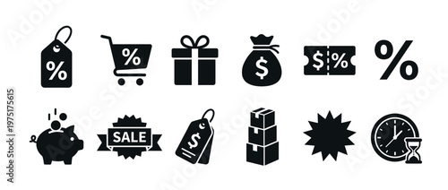 Shopping sale discount money icons collection representing retail promotions, e-commerce, savings, and special offers for various commercial purposes.