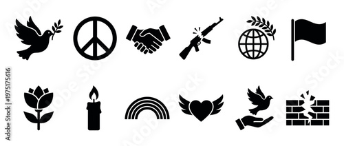 Collection of peace and anti-war symbols including dove, handshake, broken rifle, and peace sign representing hope and unity for a better world.