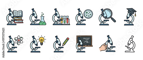 Microscope icons representing scientific research, education, discovery, and laboratory experiments in a colorful cartoon style.