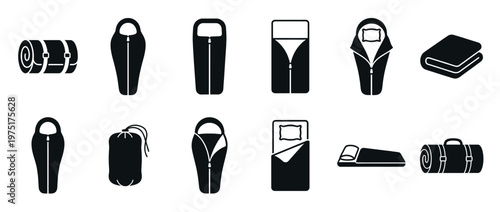 Collection of sleeping bag icons in various forms, representing camping, travel, and outdoor recreation.