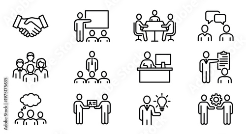 Business and teamwork line icons representing collaboration, communication, and corporate processes for modern professional concepts and success.