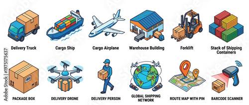 Isometric icons representing various aspects of logistics, shipping, and delivery services, including vehicles, infrastructure, and technology.
