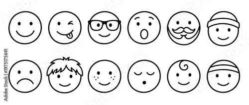 Collection of diverse black and white line art emojis and emoticons depicting various facial expressions and simple character types.