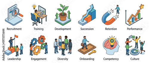 Human resources management concepts illustrated with isometric icons representing recruitment, training, development, and organizational growth strategies.