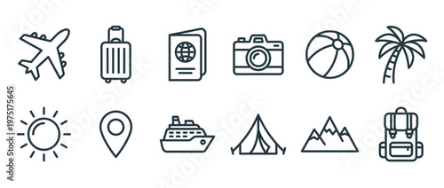 Travel icons collection featuring various vacation and tourism symbols like airplane, luggage, passport, camera, and beach ball for holiday concepts.