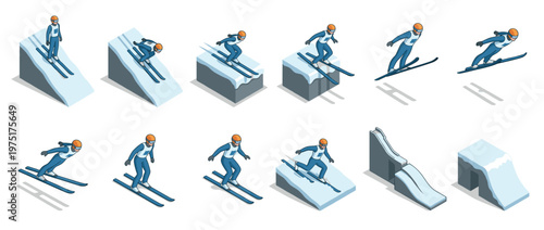 Isometric ski jumper performing a ski jump sequence, illustrating various stages of the winter sport athlete's flight and landing.