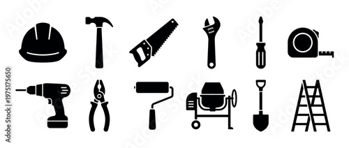 Construction tools and equipment set for building, repair, and home improvement projects, featuring various essential instruments.