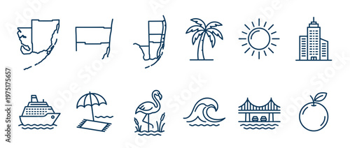 Florida travel icons set featuring tropical vacation symbols like palm trees, cruise ships, beaches, and city landmarks in a modern line art style.