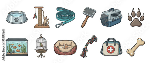 Comprehensive collection of various pet supplies and accessories, including items for cats, dogs, fish, and birds, illustrating essential animal care equipment.