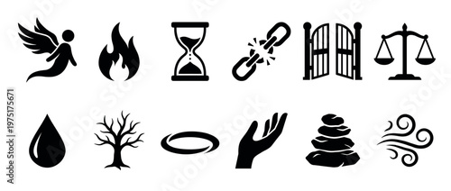 Collection of symbolic icons representing abstract concepts, spiritual elements, and natural phenomena in a minimalist black silhouette style.