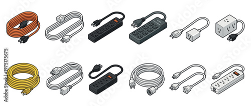 Electrical cords, power strips, and adapters in various colors and configurations for home and office power solutions.
