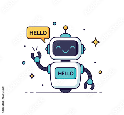 Friendly robot hello a cute robot waving happily with soft decorative sparkles enhancing the positive mood. A light and engaging illustration of communication