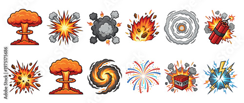 Cartoon explosion effects set featuring various comic blasts, fire, smoke, and lightning for graphic design elements and visual impact.