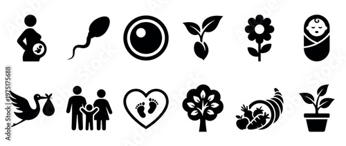 Life cycle, growth, and family icons representing human reproduction, nature, and abundance in a simple graphic style.