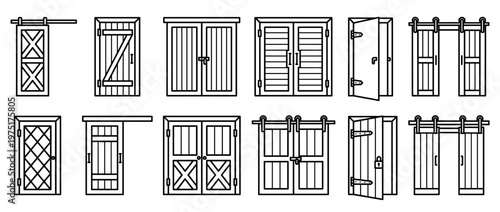 Barn doors and shed doors outline icon set featuring various styles of wooden and sliding entrance designs for homes and buildings.