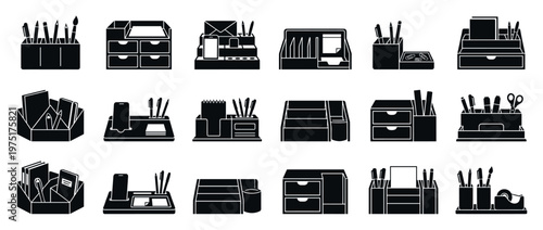 Desk organizers stationery holders collection featuring various office supply storage solutions in a clean silhouette icon style.