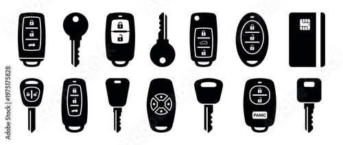 Car keys, key fobs, smart keys, and remote entry devices in a comprehensive collection of black silhouette icons.