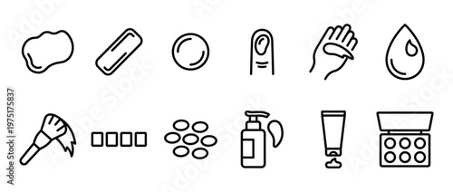 Cosmetic product beauty makeup icons set featuring various outline symbols for skincare, hygiene, and personal care items in a clean, modern style.