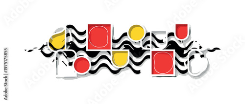 abstract old transmission signal transforming into geometry, black and white wave lines morphing into circles and rectangles, structured composition with red