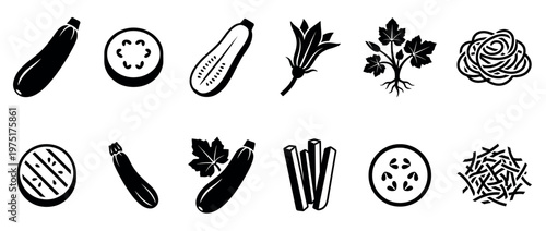 Zucchini vegetable food icons set depicting various forms of the healthy squash including whole, sliced, grilled, plant, flower, and noodles