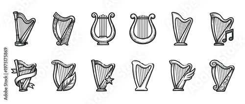 Collection of vintage harps and lyres in a hand-drawn engraving style, representing ancient musical instruments and symbols.