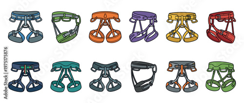 Colorful collection of climbing harnesses for rock climbing, mountaineering, and outdoor adventure sports equipment.