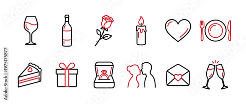 Romantic celebration icons set featuring wine, rose, heart, cake, gift, and engagement ring for love and special occasion designs.
