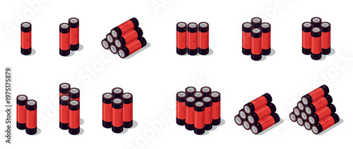 Red and black batteries arranged in various isometric configurations, illustrating power sources and energy storage.