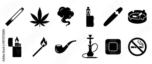 Various smoking and vaping icons with elements like cigarettes, cannabis, lighters, pipes, and a no smoking warning symbol.