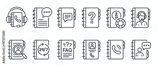Contact book customer service icons collection representing various support, communication, and information options for business assistance.