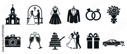 Collection of wedding icons and marriage symbols, including church, bride and groom, dress, rings, cake, and car, representing celebration and love.