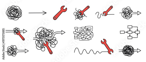Problem-solving concept with tangled lines, wrenches, and flowcharts illustrating simplification and organization of complex processes.